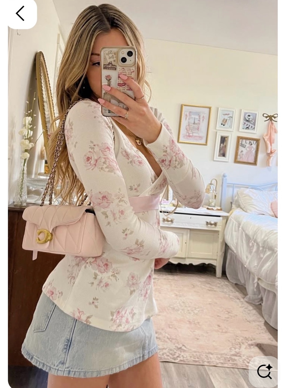 Hollister Cream Floral Wrap Long-Sleeve Top with Light Pink Roses